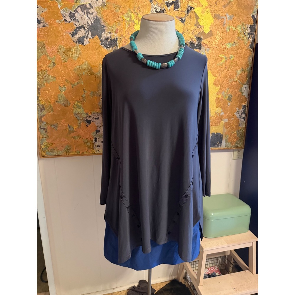 Sun Kim Charcoal Gray Long Sleeve Lagenlook Button Detail Tunic Top Size M